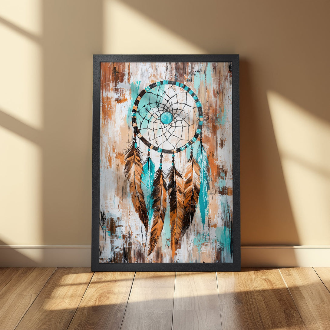 Framed Poster featuring a dreamcatcher art print. Abstract style with turquoise, brown, and white color palette. Perfect wall decor.