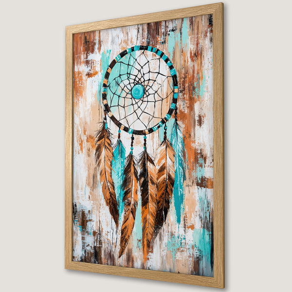 Framed Poster featuring a dreamcatcher in an abstract style with teal, brown, and orange hues. Perfect wall art for boho decor.