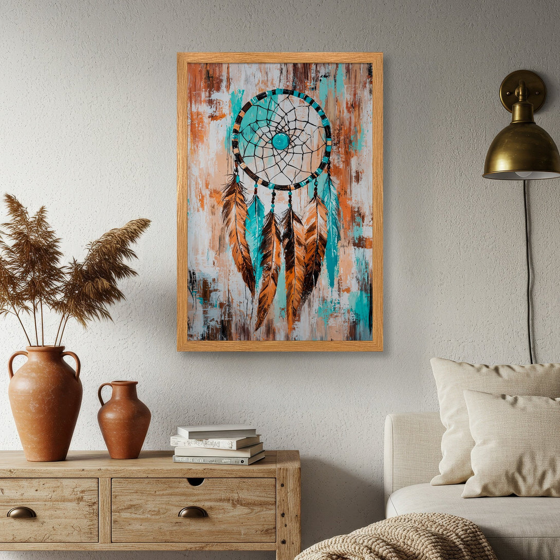Framed Poster featuring a dreamcatcher in abstract style with a turquoise, orange, and brown color palette, perfect for boho decor.