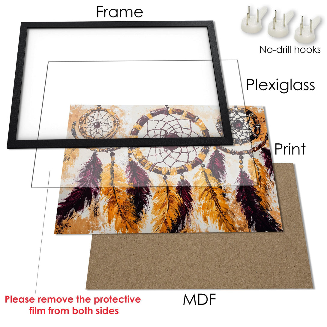 Framed Poster featuring a dreamcatcher in warm tones. Perfect wall art for a boho aesthetic. Enhance your space with this beautiful poster!