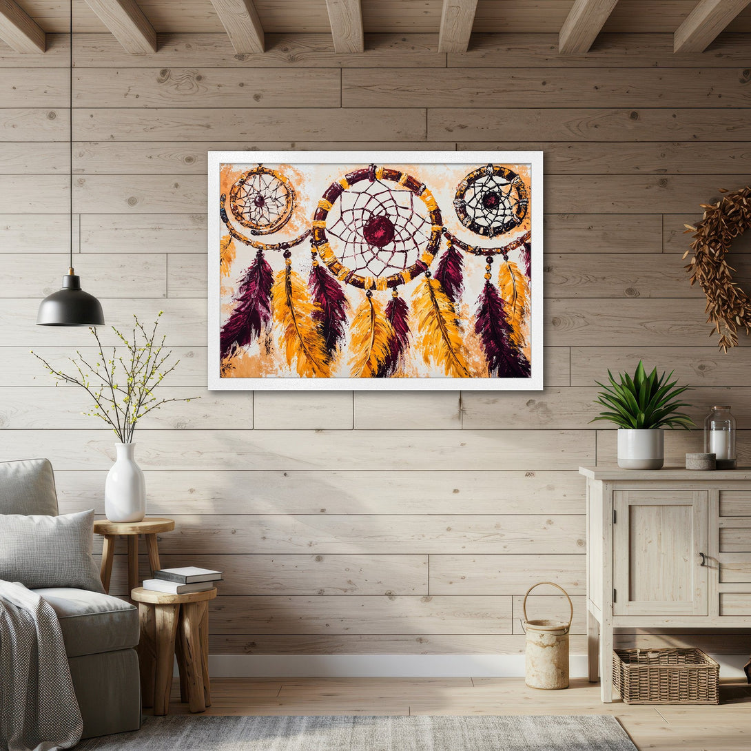 Framed Poster featuring a dreamcatcher in a boho style with warm yellow and purple tones. Perfect wall art for a cozy home.