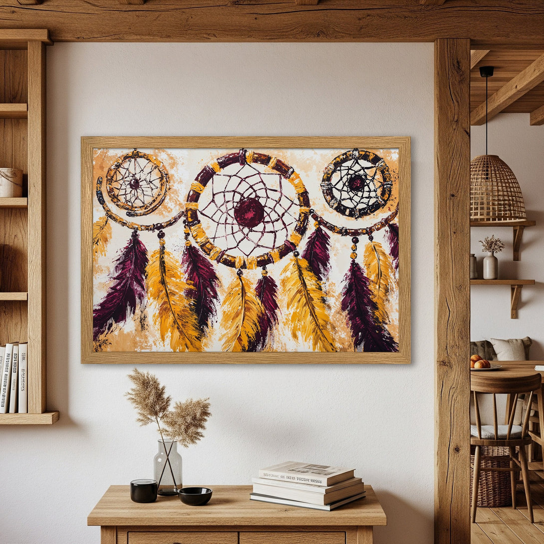 Framed Poster featuring a dreamcatcher design in a boho style with a warm yellow and purple color palette. Perfect wall art!