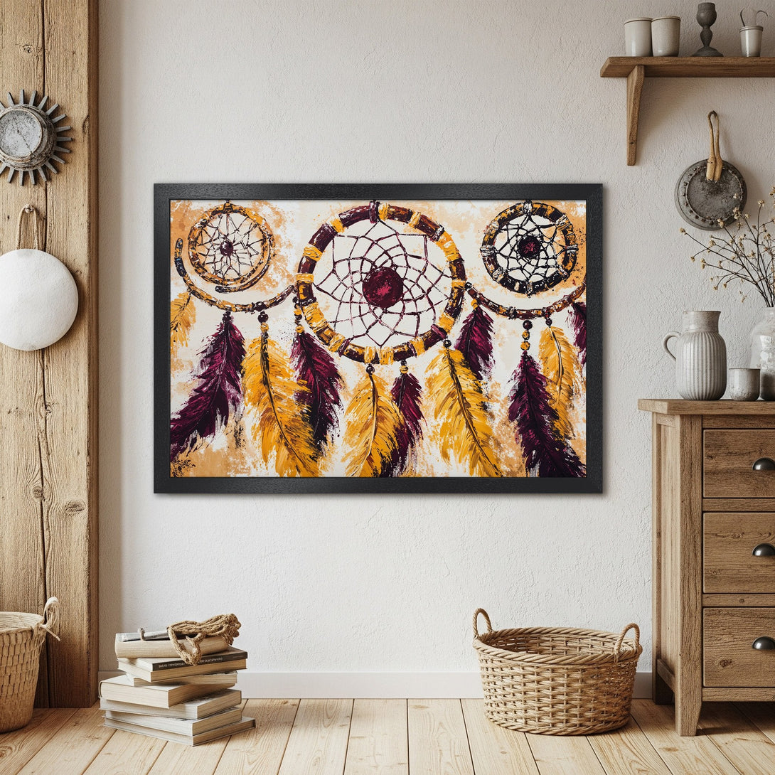 Framed Poster of a dreamcatcher in warm yellow, purple, and brown tones. Bohemian style art for home decor.