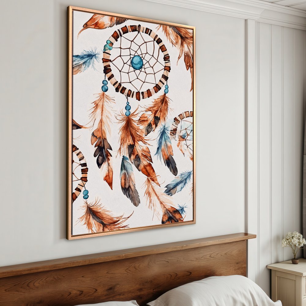 Framed Wall Art featuring a watercolor dreamcatcher in warm brown, blue, and white tones. Perfect boho decor for your bedroom!
