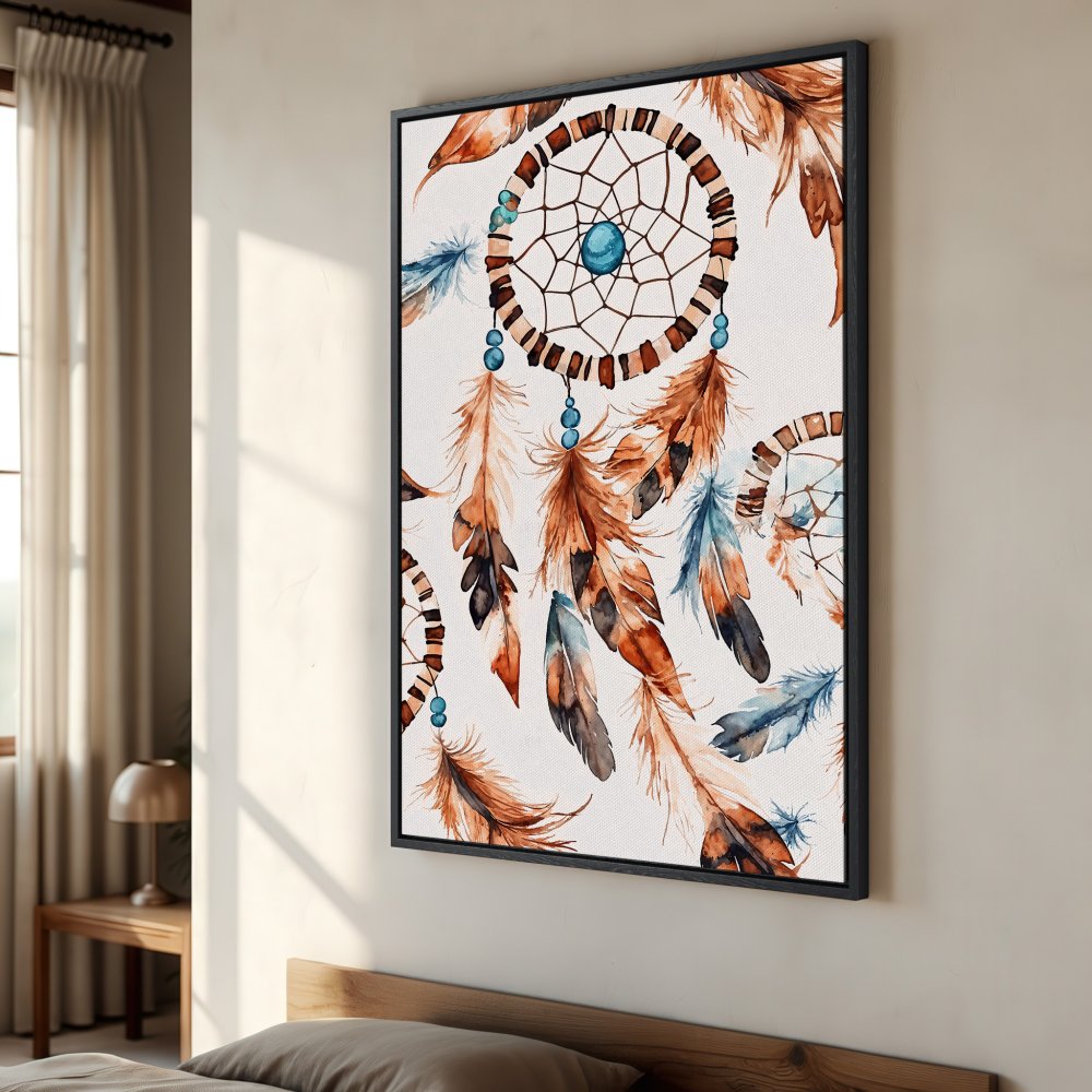 Framed Wall Art: Watercolor dreamcatcher print in warm brown & blue tones. Perfect boho decor for bedroom or living room.