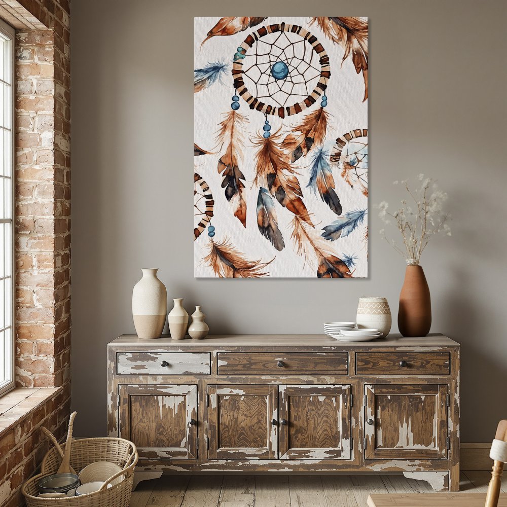 Framed Wall Art: Dreamcatcher print in warm earth tones. Boho style canvas art for living room or bedroom decor.