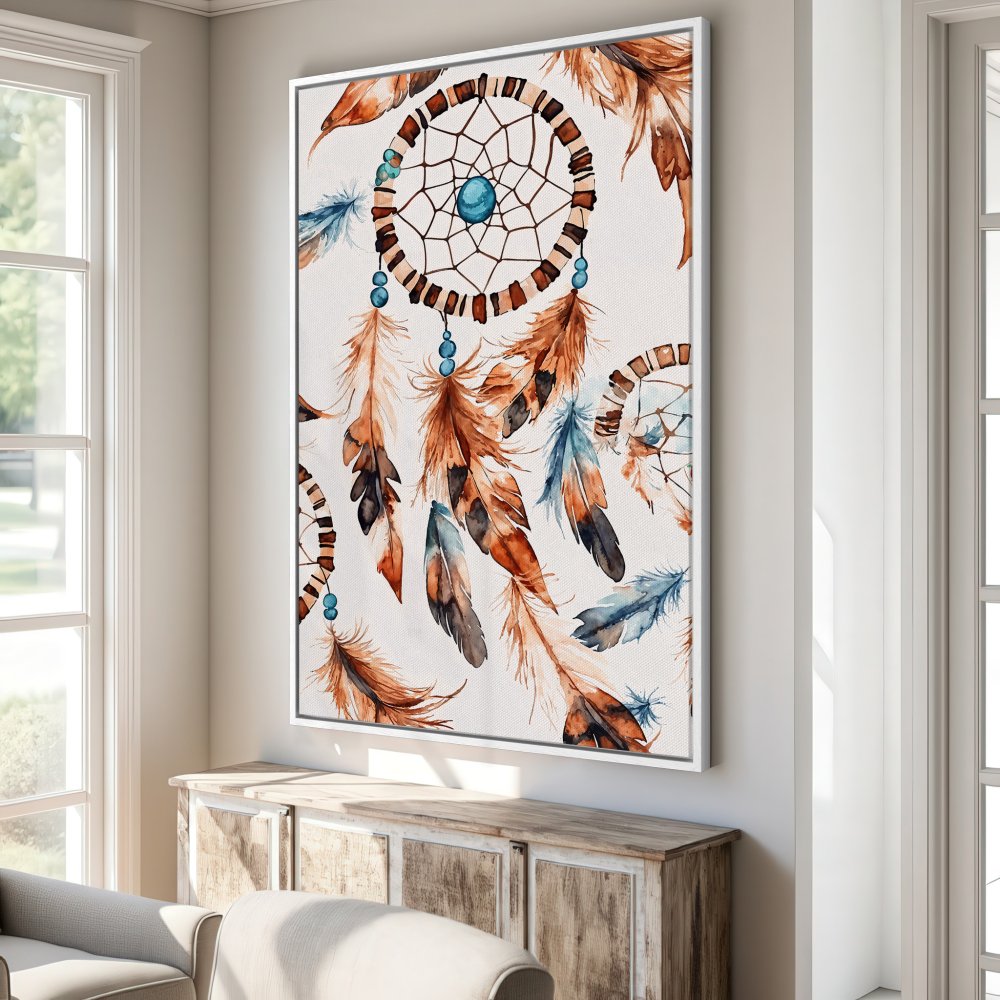 Framed Wall Art: Watercolor dreamcatcher print in warm brown, blue, and cream tones. Boho style canvas print for a cozy living room.