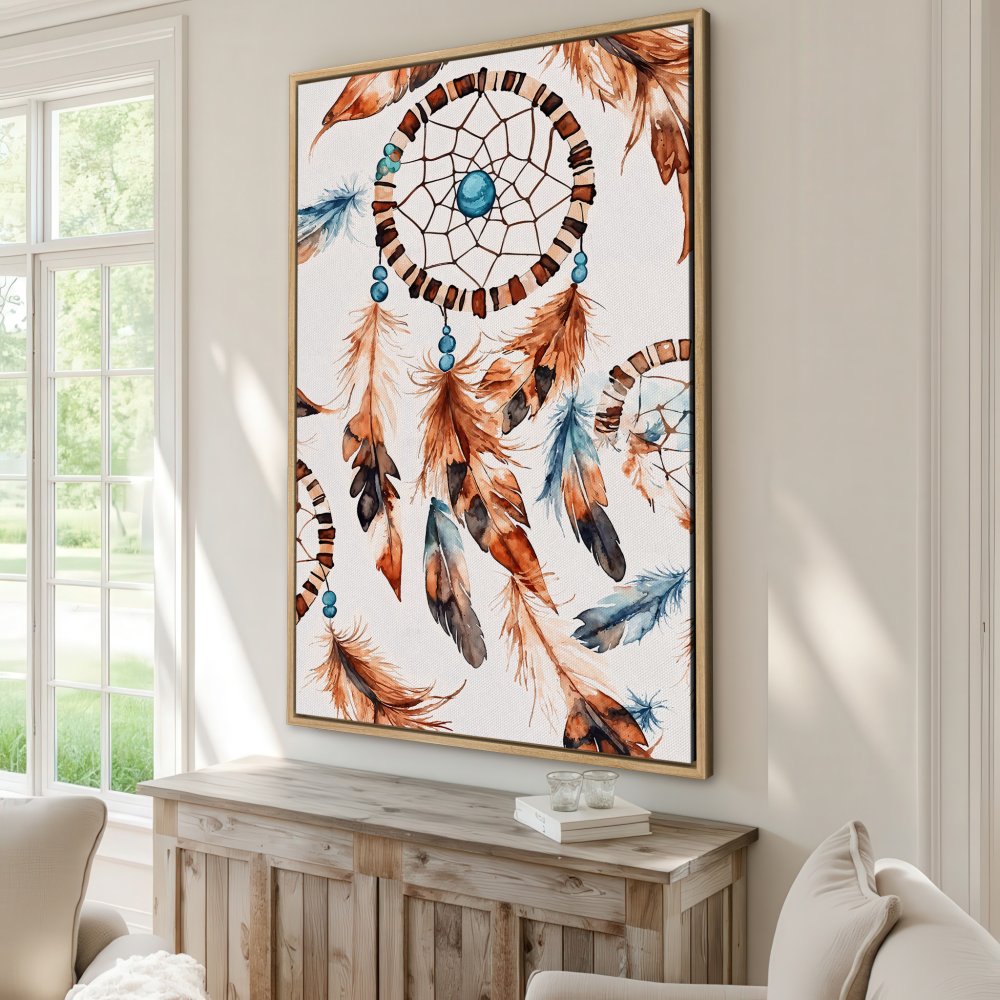 Framed Wall Art: Watercolor dreamcatcher print with warm brown, blue, and white tones. Boho style canvas art for your home decor.