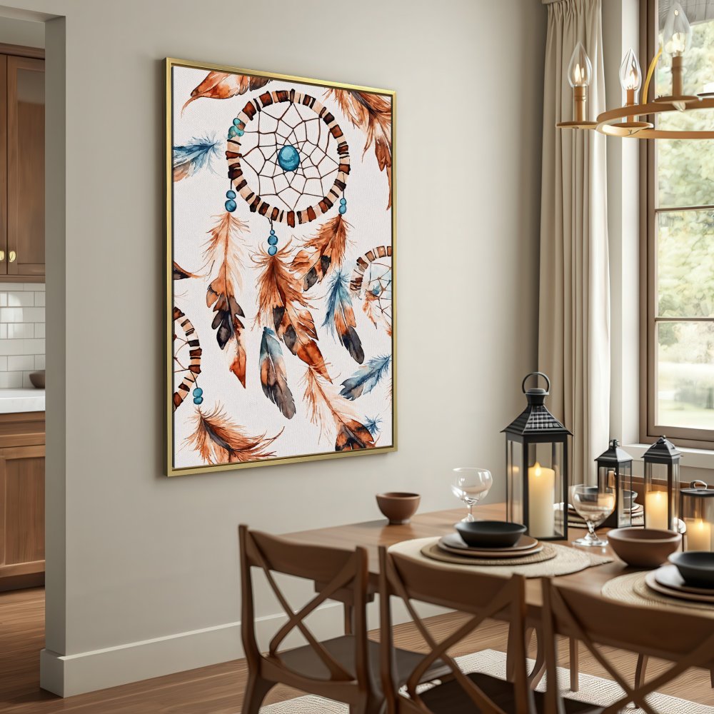 Canvas Print featuring a watercolor dreamcatcher design in warm brown and blue tones. Perfect boho wall art for your home!