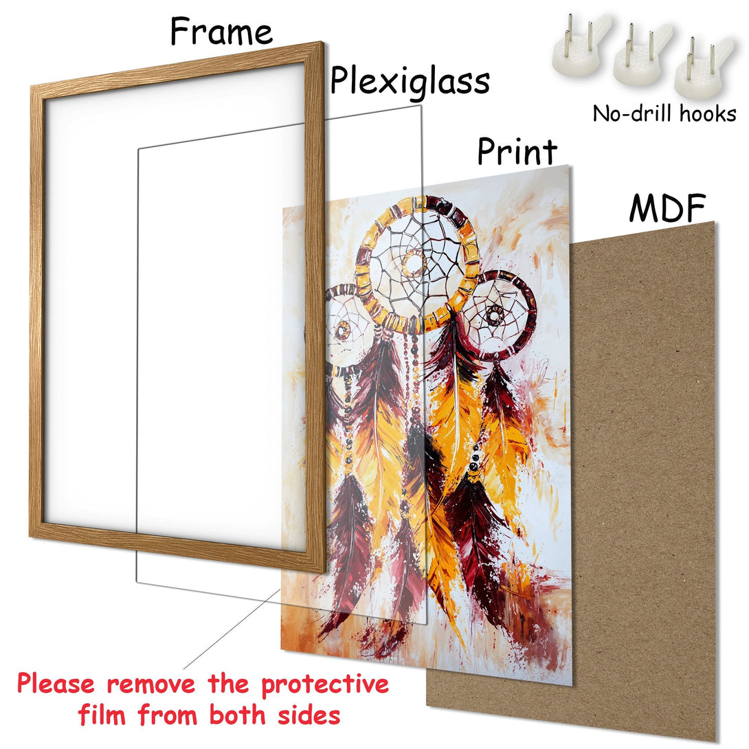 Framed Poster featuring dreamcatchers in a vibrant, abstract style with a warm color palette of reds, oranges, and yellows. Perfect wall art!
