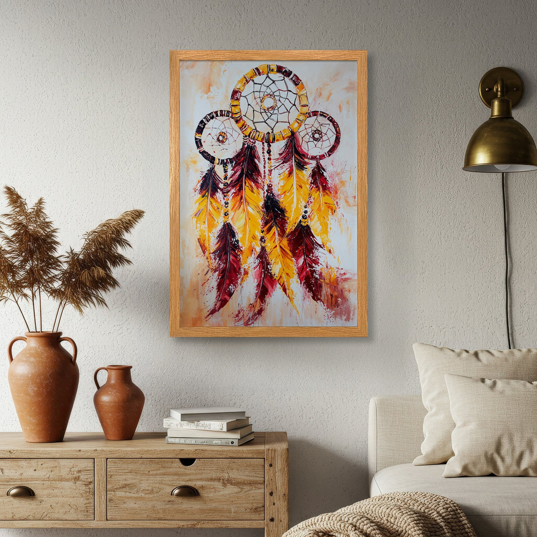 Framed Poster featuring a dreamcatcher in warm yellow, red, and orange tones. Perfect wall art for boho decor.
