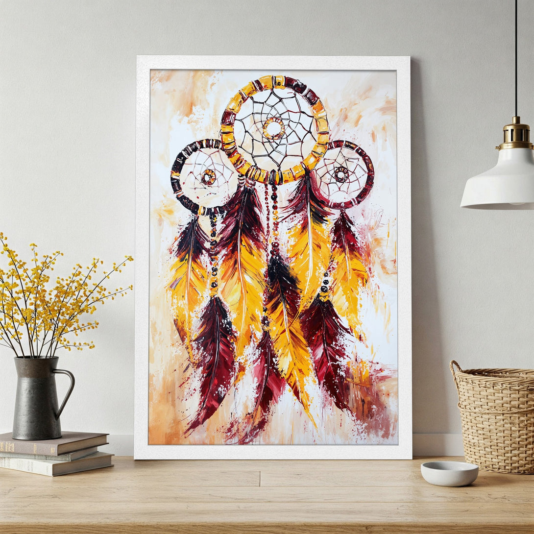 Framed Poster featuring a dreamcatcher artwork in a modern, abstract style with a warm yellow and red color palette.