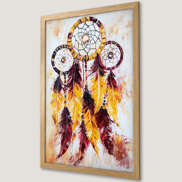 Framed Poster featuring a dreamcatcher painting in warm yellow, red, and brown tones. Add bohemian style to your space!