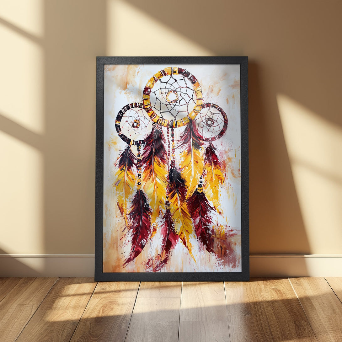 Framed Poster featuring a dreamcatcher in a vibrant, abstract style with a warm yellow and red color palette. Perfect wall art!