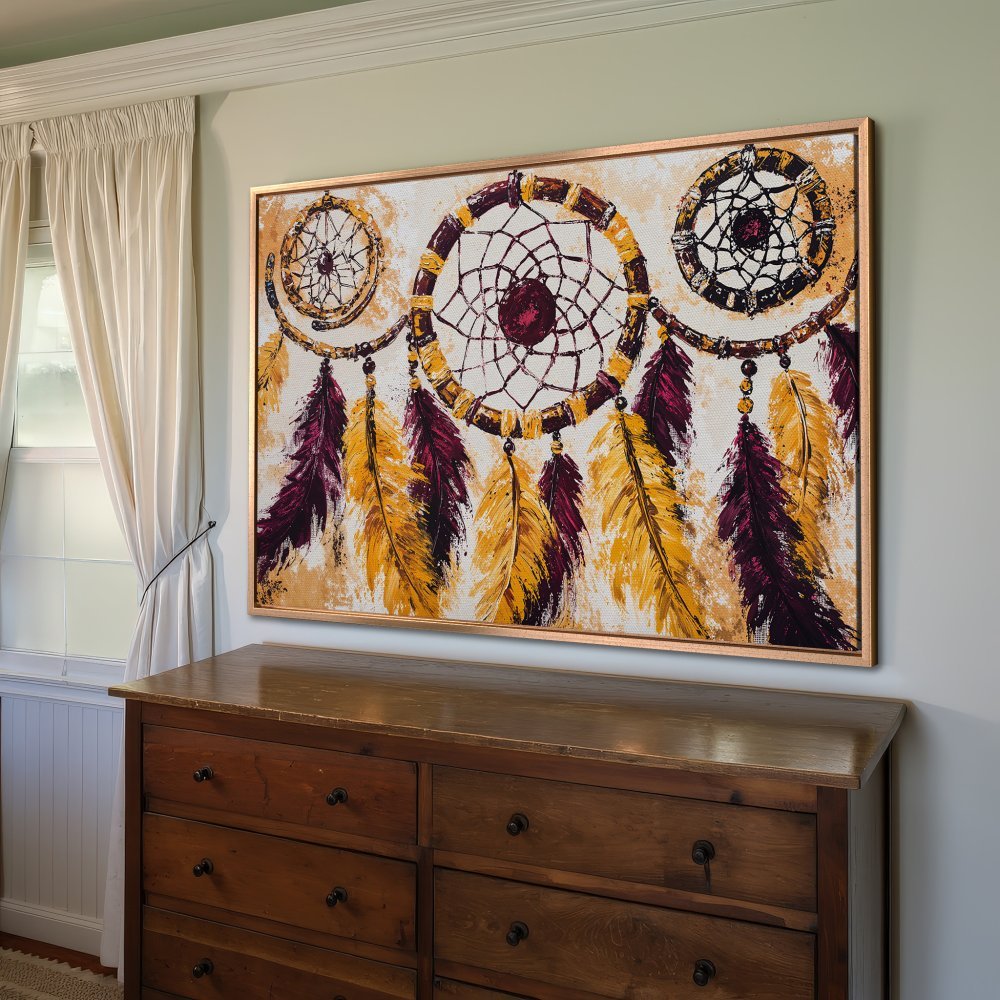 Framed Wall Art: Dreamcatcher canvas print in warm gold, burgundy, and cream tones. Boho style art for living room or bedroom decor.