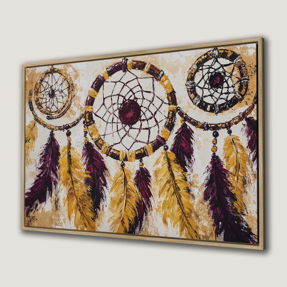 Framed Wall Art: Dreamcatcher painting with warm yellow, burgundy, and cream tones. Add bohemian style to your space with this canvas print!