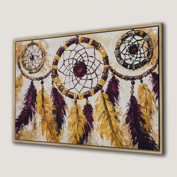 Framed Wall Art: Dreamcatcher painting with warm yellow, burgundy, and cream tones. Add bohemian style to your space with this canvas print!