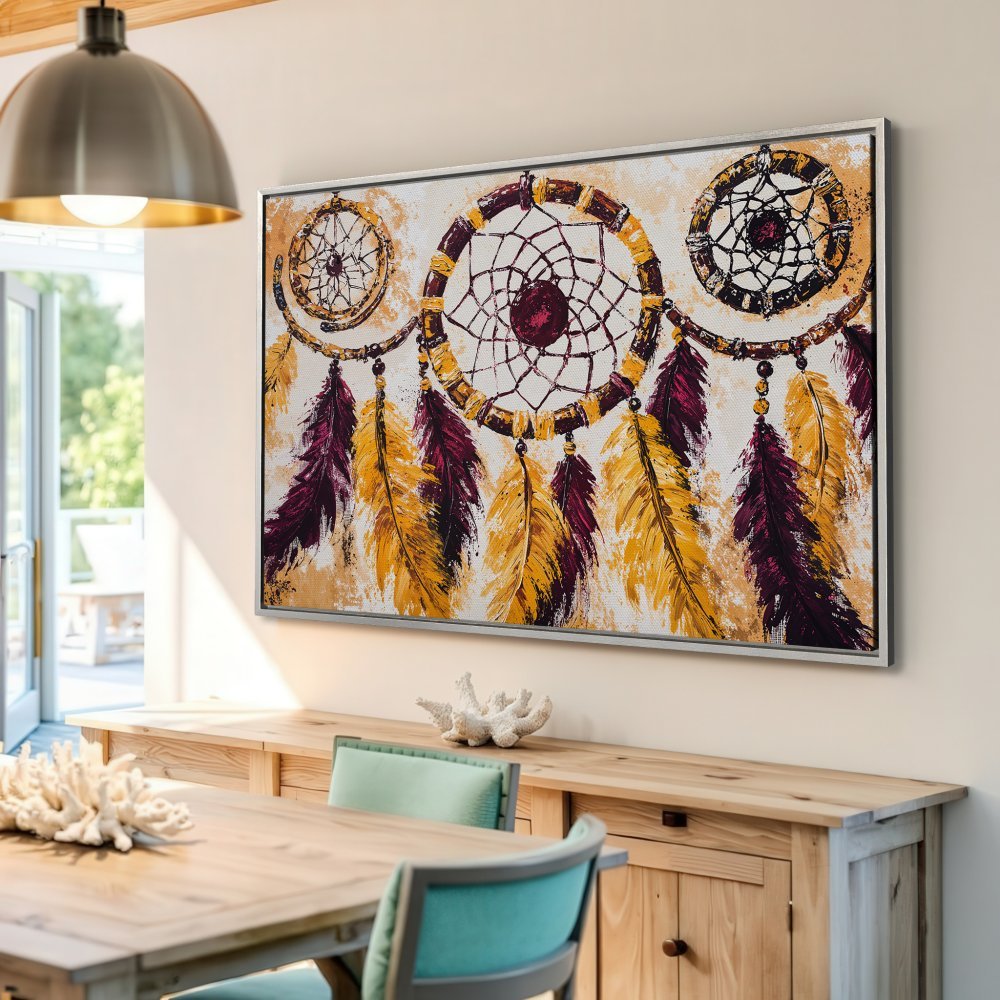 Framed Wall Art: Dreamcatcher canvas print with warm yellow, burgundy, and cream tones. Bohemian style art for your home decor.
