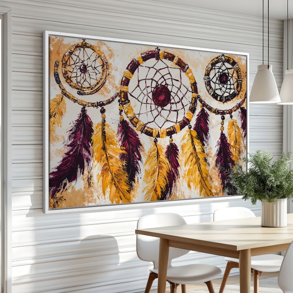 Framed Wall Art: Dreamcatcher painting with vibrant gold, burgundy, and cream colors. Add bohemian style with this canvas print!