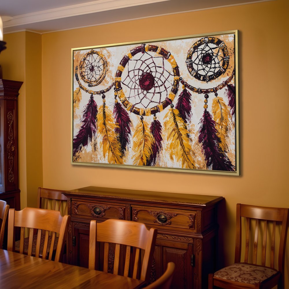 Canvas Print of a dreamcatcher in warm yellow and purple tones, perfect for bohemian home decor.