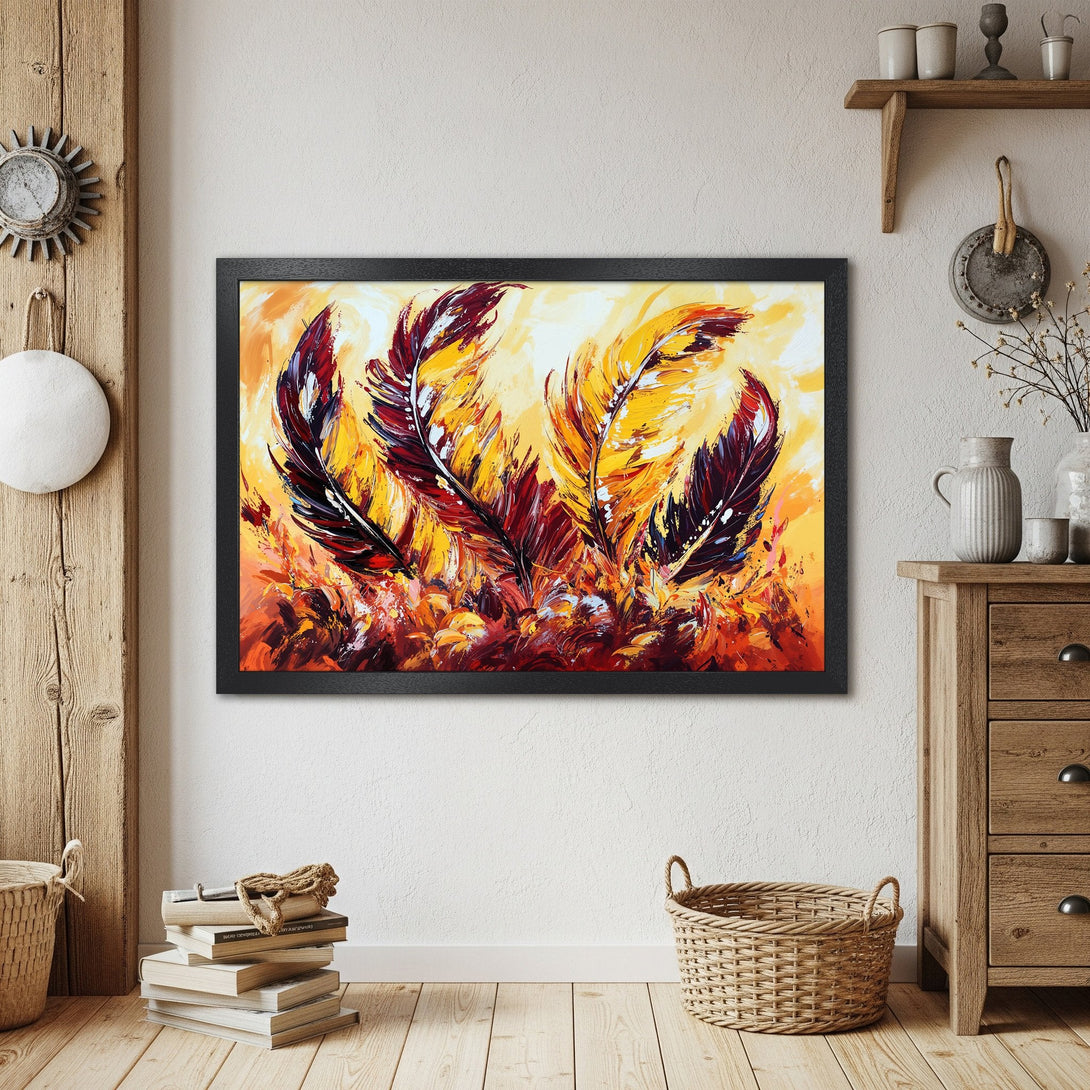 Framed Poster featuring abstract feather art in warm yellow, red, and orange tones. Rustic style, perfect for home decor.