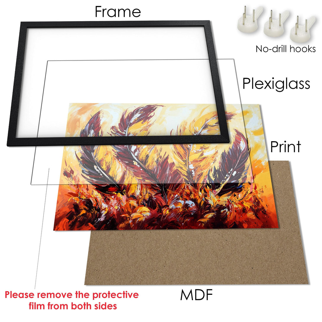 Framed Poster featuring abstract art with warm orange and yellow hues. Modern style, perfect for home decor.