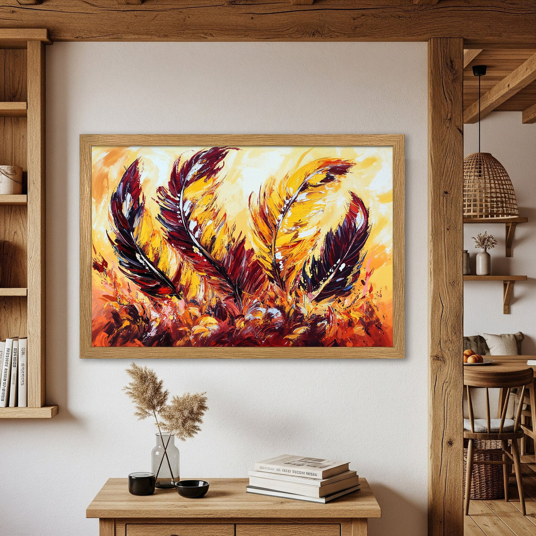 Framed Poster featuring vibrant abstract feathers in warm yellow, orange, and red tones. Adds artistic flair to any space.