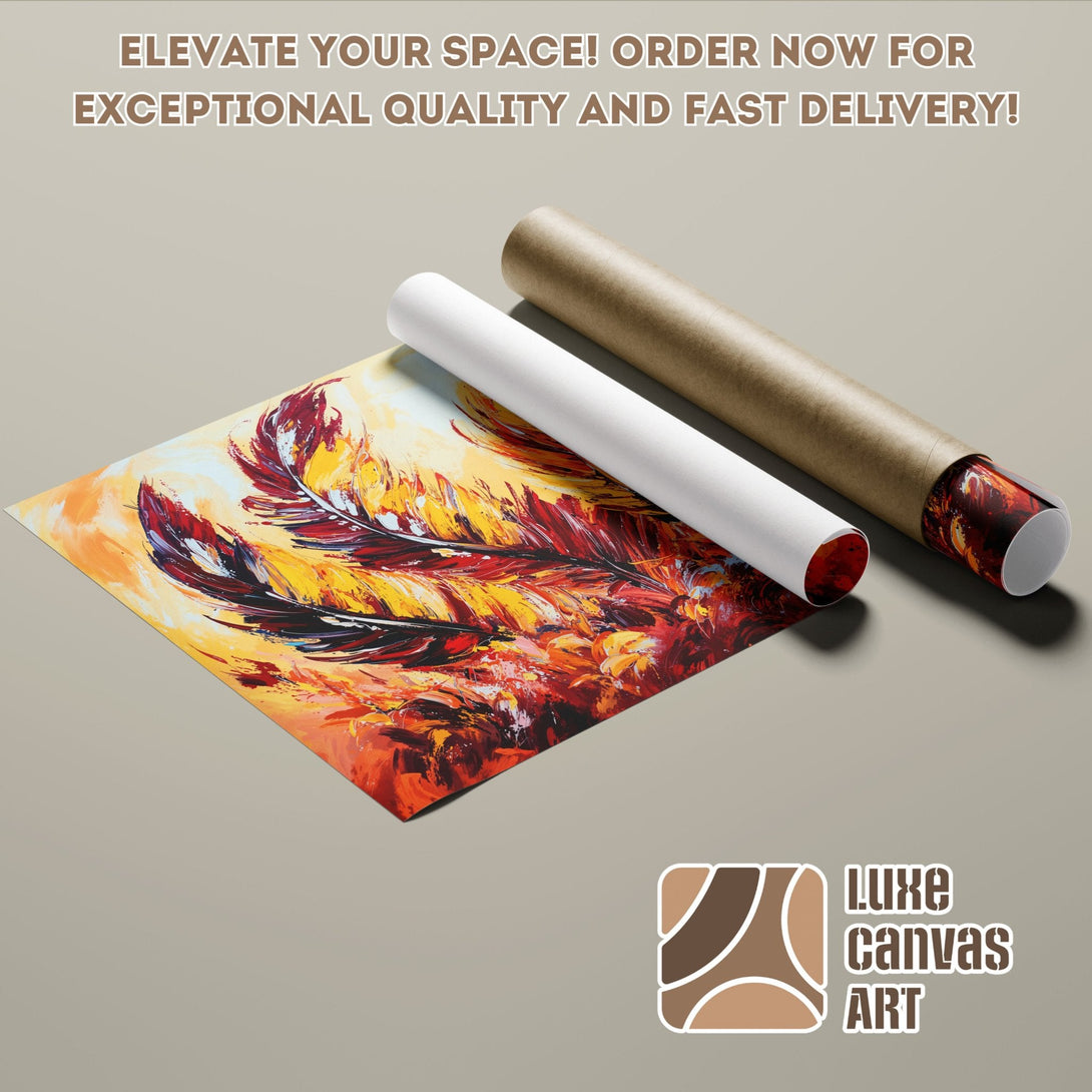 Abstract feather art Poster Roll in warm red, yellow, and orange tones. Elevate your space!