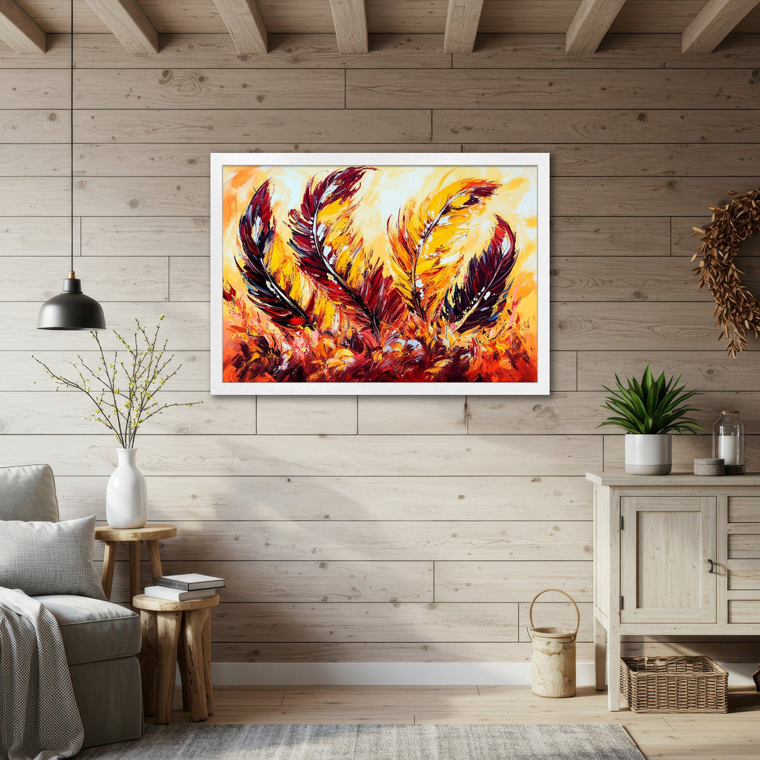 Framed Poster featuring vibrant, abstract feather art in warm red, yellow, and orange hues. Modern style, perfect for home decor.