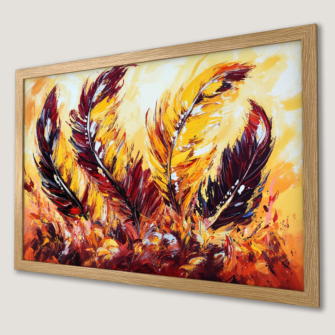Framed Poster featuring abstract feather art in warm red, yellow, and orange tones. Add artistic flair to your space!