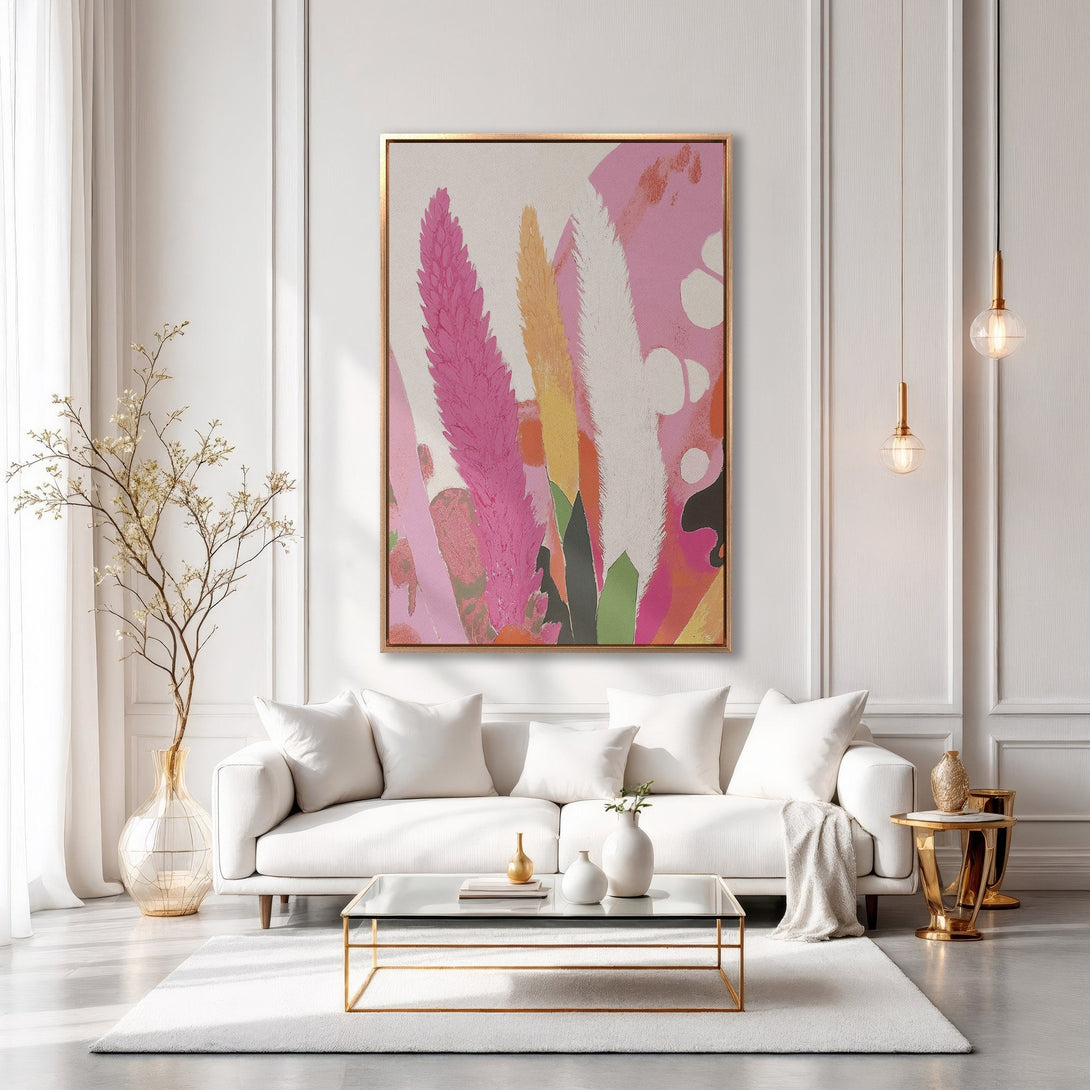 Framed Wall Art featuring colorful abstract floral design in pink, yellow, and white. Modern canvas print adds a touch of elegance to any living room.