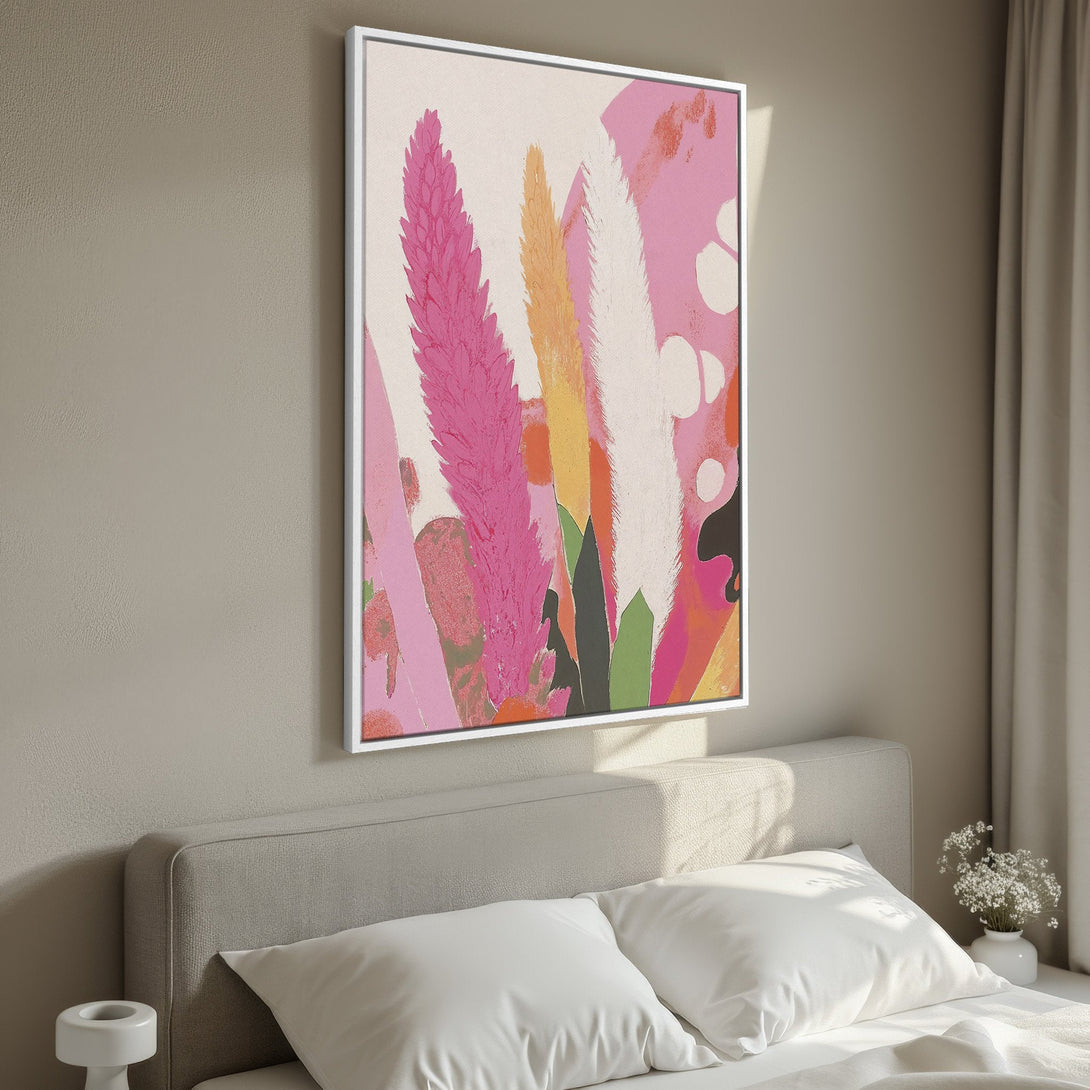 Framed Wall Art featuring abstract floral art in pink, orange, and white hues. Modern canvas print adds a pop of color to any bedroom decor.