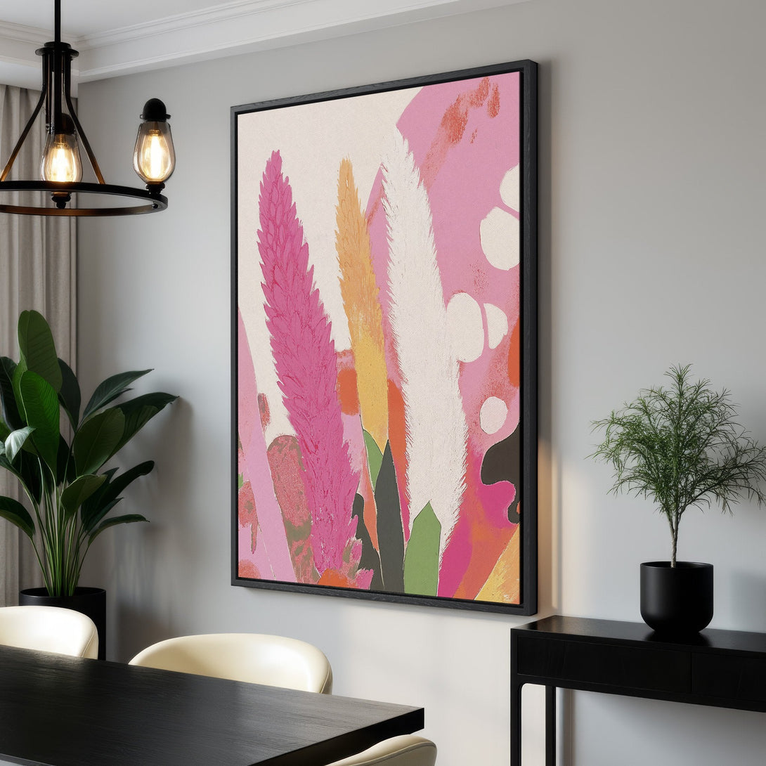 Framed Wall Art: Abstract floral canvas print in pink, white, and orange. Modern art style, perfect for adding a pop of color to any interior space.