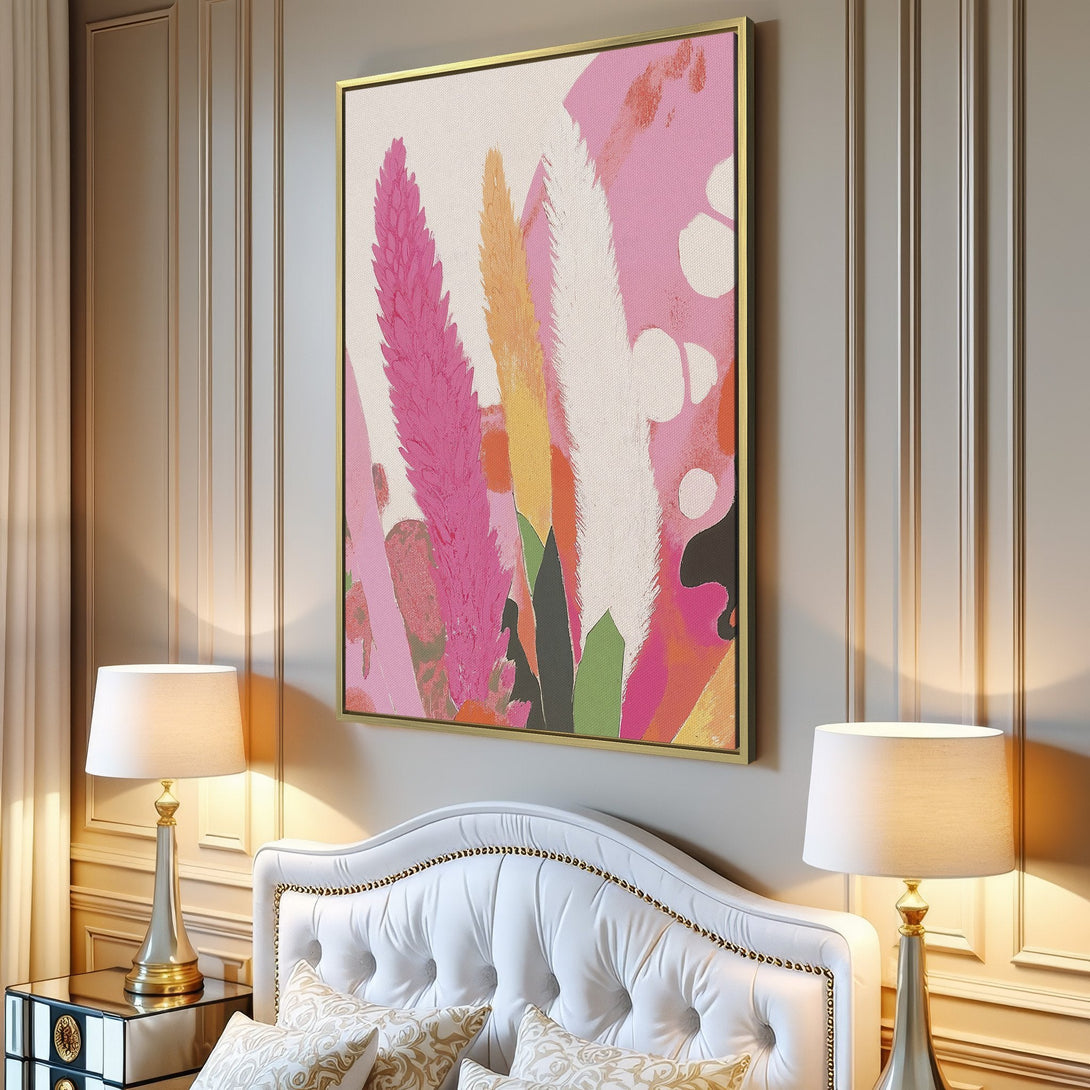 Canvas Print of abstract floral art in pink, yellow, and white hues. Modern style wall decor for living room.