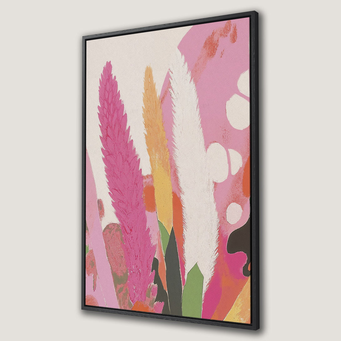 Framed Wall Art featuring an abstract floral design in a vibrant pink, orange, and white color palette. Modern art canvas print perfect for adding a pop of color.