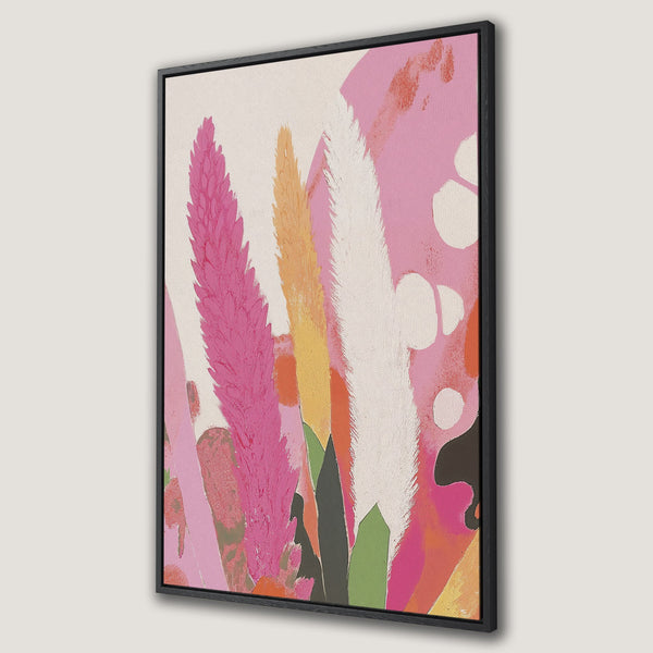 Framed Wall Art featuring an abstract floral design in a vibrant pink, orange, and white color palette. Modern art canvas print perfect for adding a pop of color.