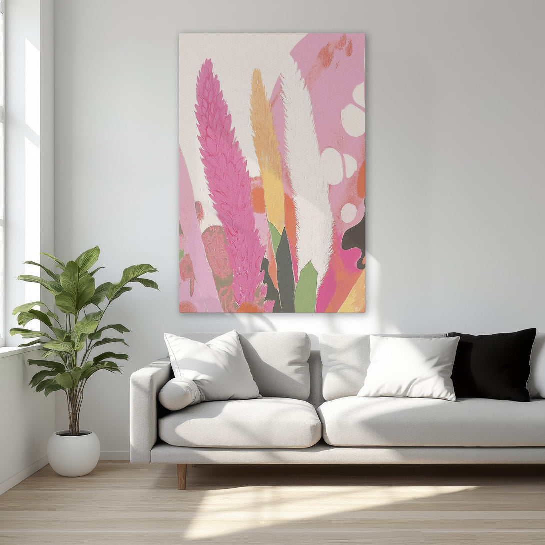 Framed Wall Art featuring a vibrant abstract floral design in pink, orange, and white. Add a pop of color to your home with this stylish canvas print.