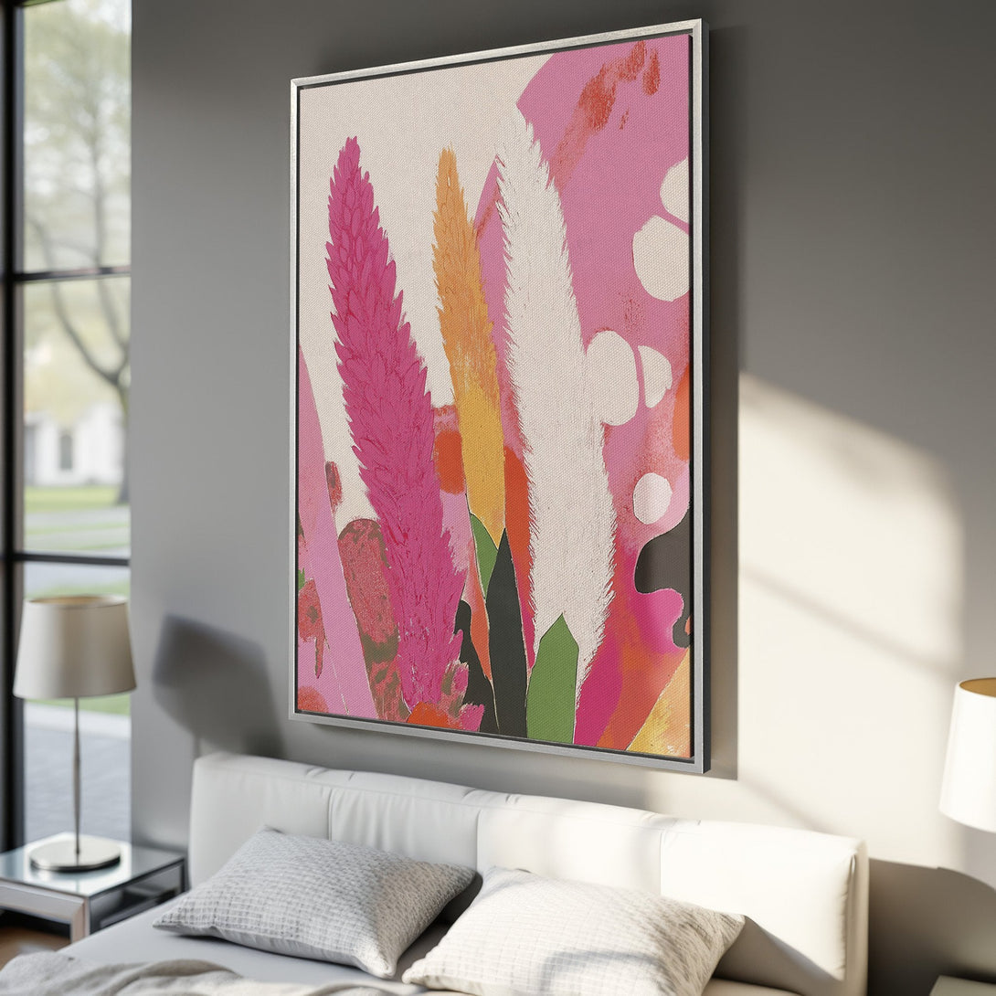 Framed Wall Art: Abstract floral canvas print in pink, orange, and white. Modern art for bedroom decor. Add a pop of color to your space!