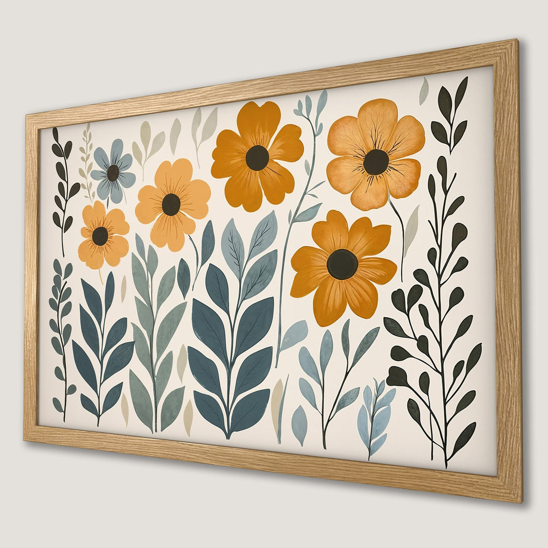 Framed Poster featuring a floral design with orange, blue, and green leaves. Modern art style with a neutral color palette. Perfect wall decor!