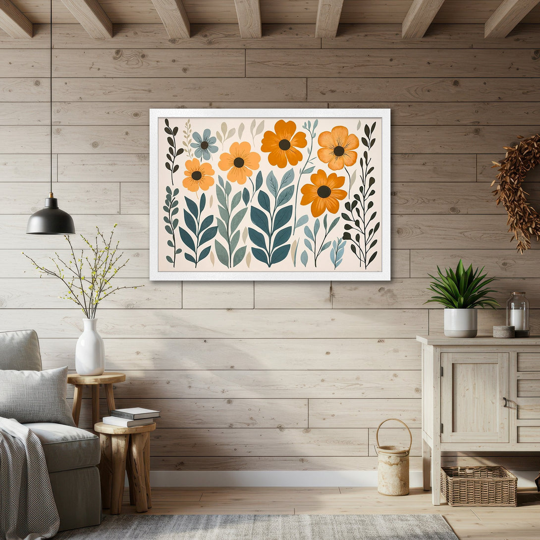Framed Poster featuring floral illustration in warm orange and teal tones. Perfect wall art for a cozy, modern home.