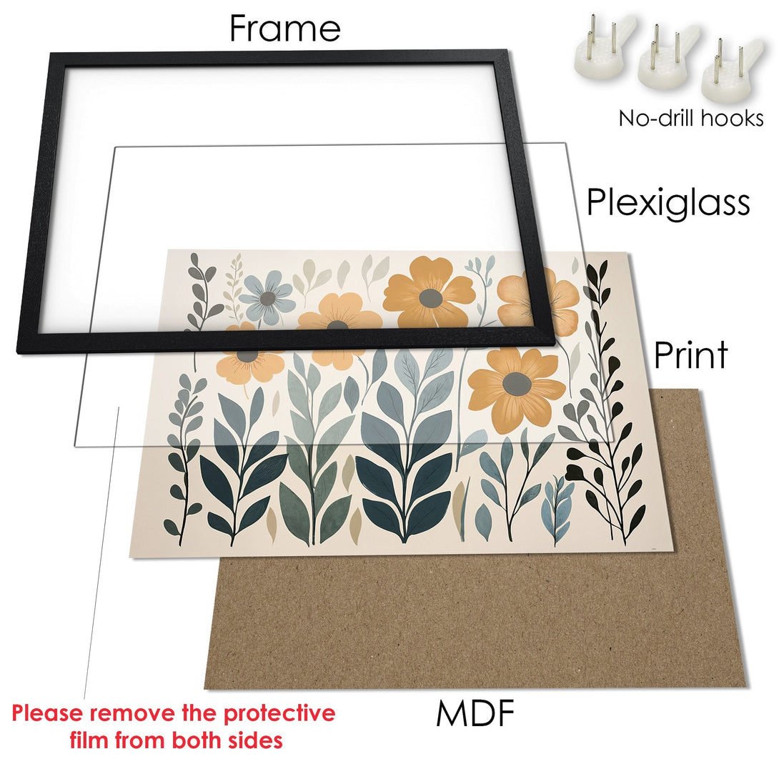 Framed Poster with floral design in a neutral color palette. Modern art print for home decor.