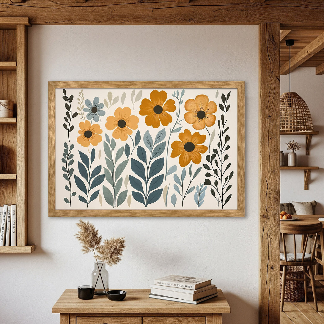Framed Poster featuring floral art in a modern, minimalist style with a warm, earthy color palette. Perfect wall decor!