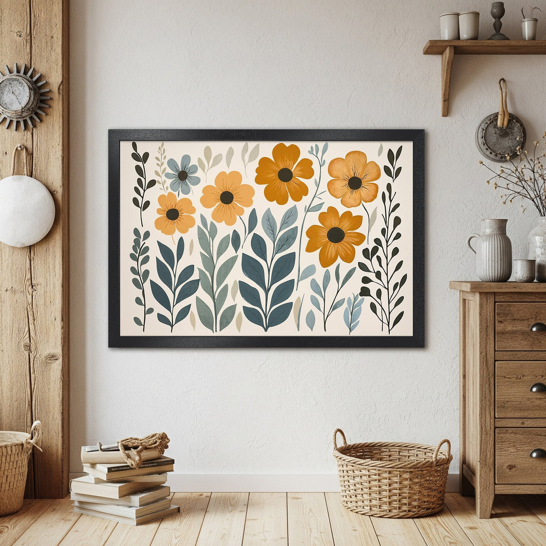 Framed Poster featuring floral illustration in warm orange and blue tones. Perfect wall art for a cozy home!