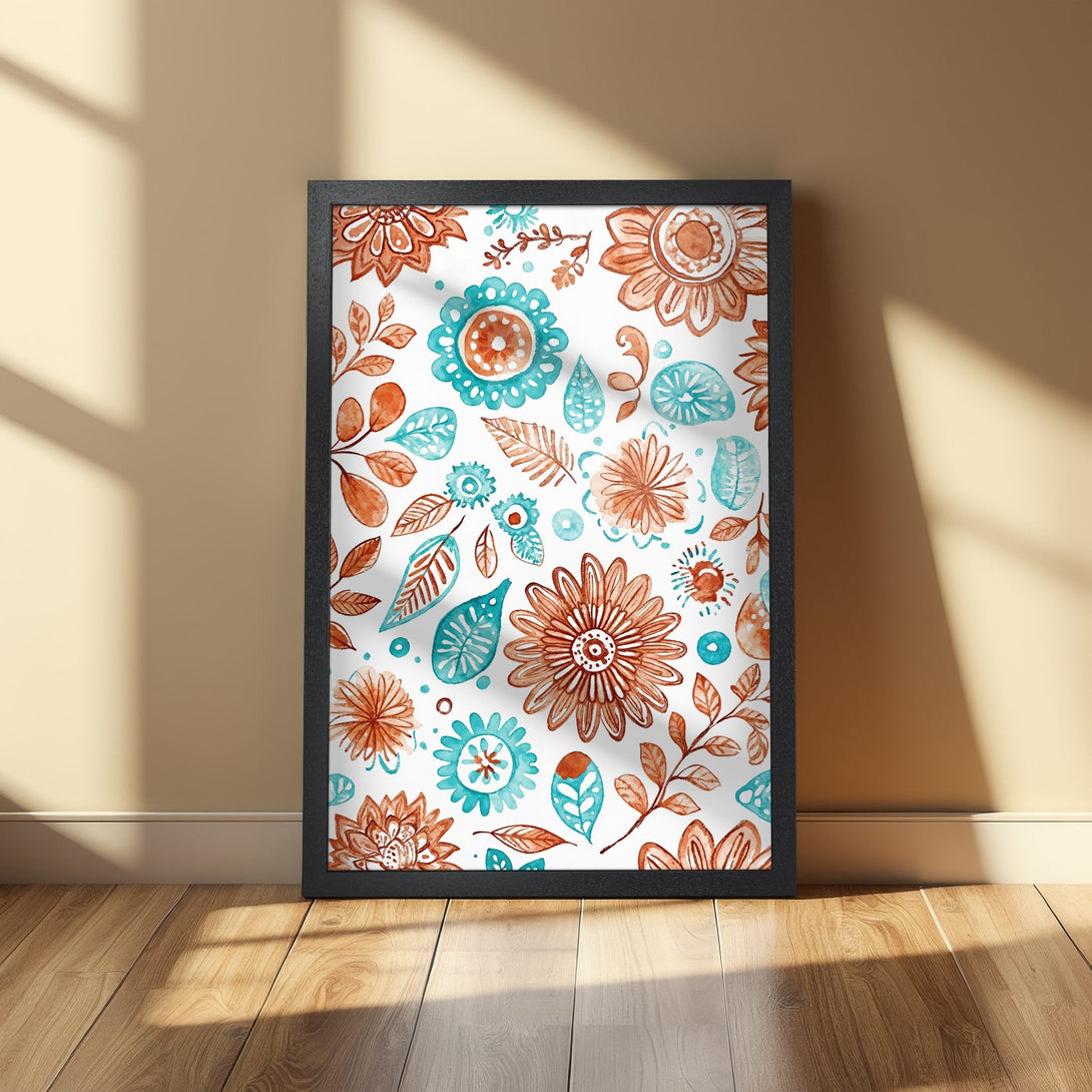 Framed Poster featuring a watercolor floral design in teal and burnt orange. Perfect for adding a touch of art to your home decor!