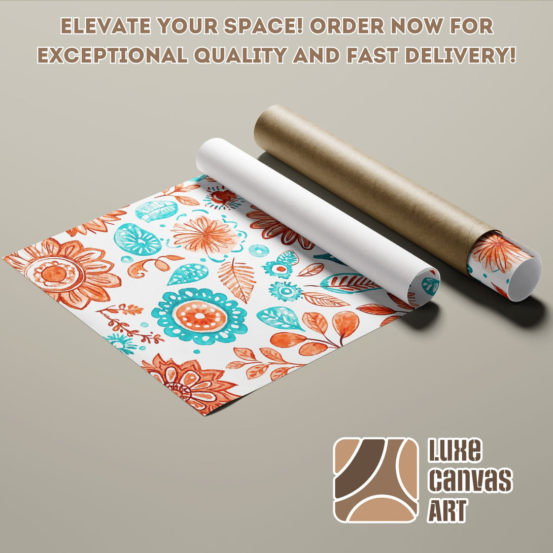 Watercolor floral Poster Roll in turquoise and orange. Elevate your space with fast delivery!