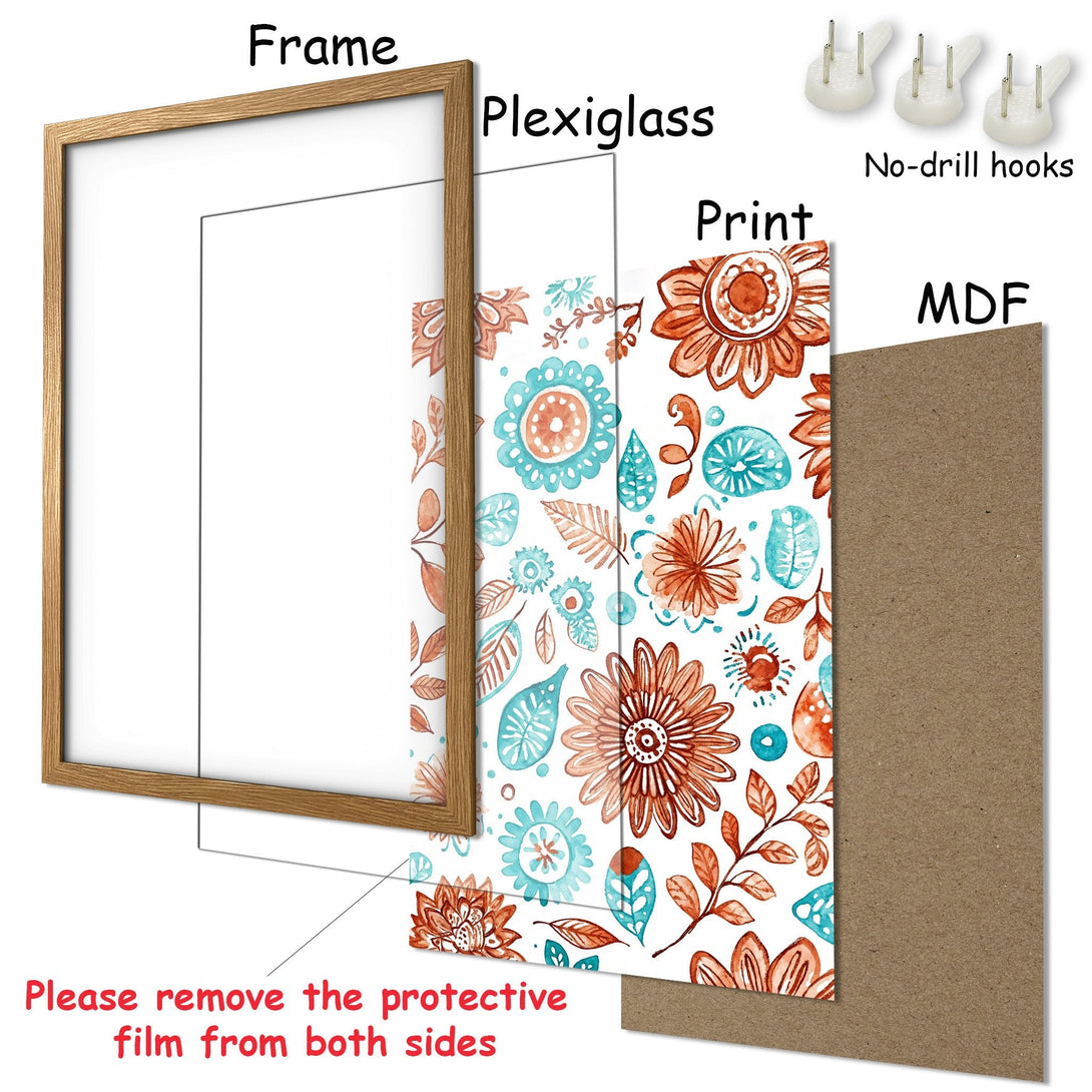 Framed Poster featuring watercolor floral art in a warm orange and teal color palette. Perfect wall decor for a stylish home!