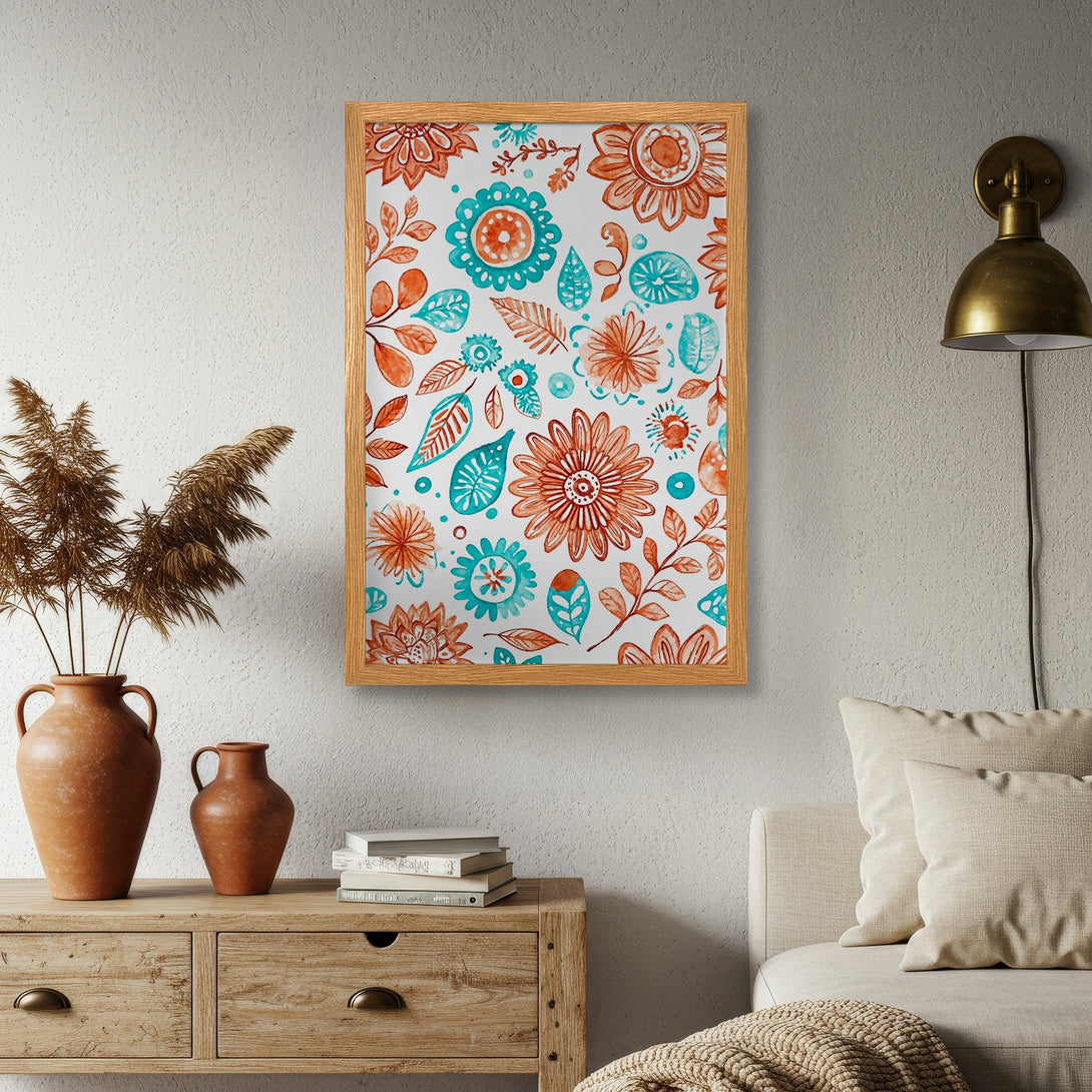 Framed Poster featuring watercolor floral design in teal and orange. Perfect wall art for a bohemian or modern home.
