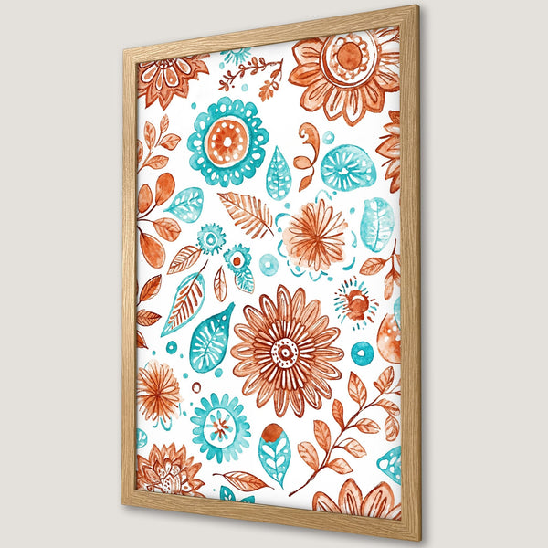 Framed Poster featuring watercolor floral design in teal and rust on white. Perfect wall art for any room!
