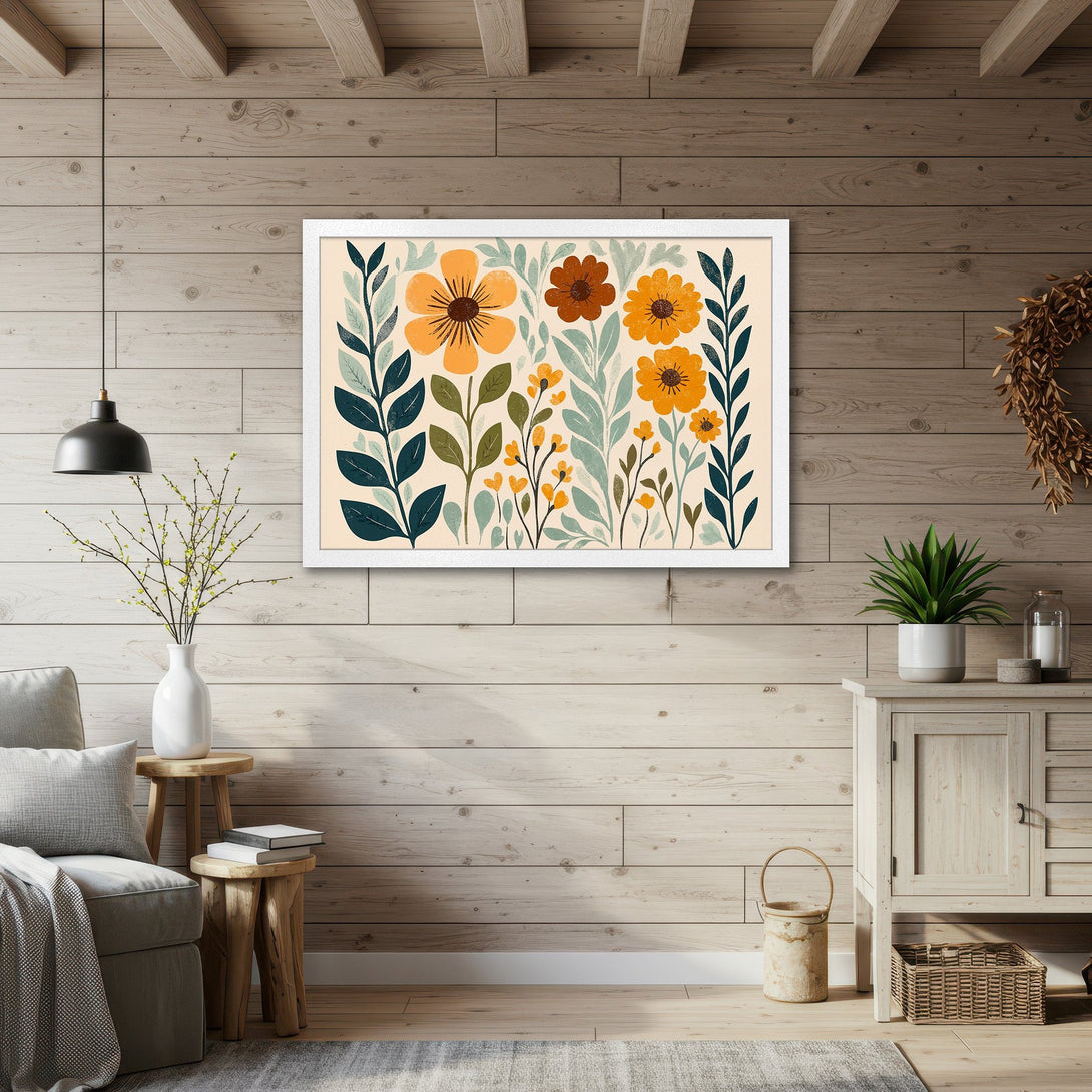 Framed Poster featuring floral art in a modern style with warm orange, teal, and cream tones. Perfect wall decor for any room!