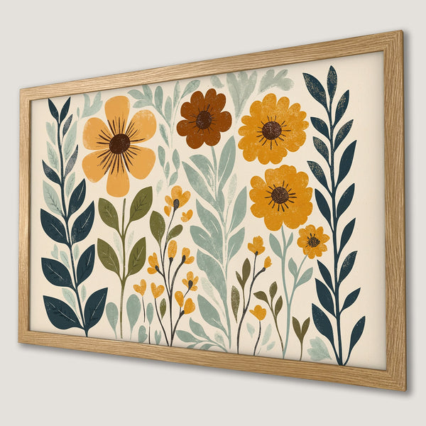Framed Poster featuring floral art in a retro style with a warm, earthy color palette. Perfect wall decor!